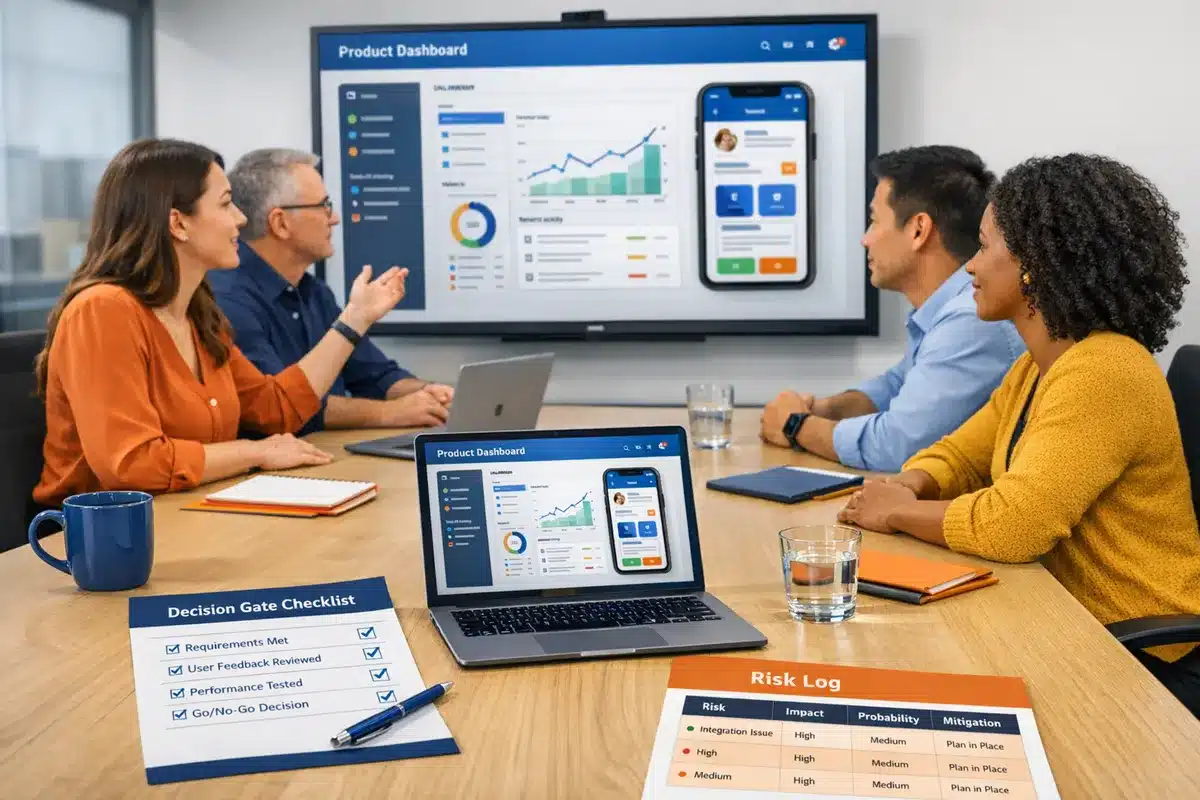 From Idea to Impact: Keeping Project Momentum Moving When Development Begins Product team demoing a vertical slice to stakeholders on a laptop and conference room display, with a decision gate checklist on the table and a risk log visible, realistic office setting