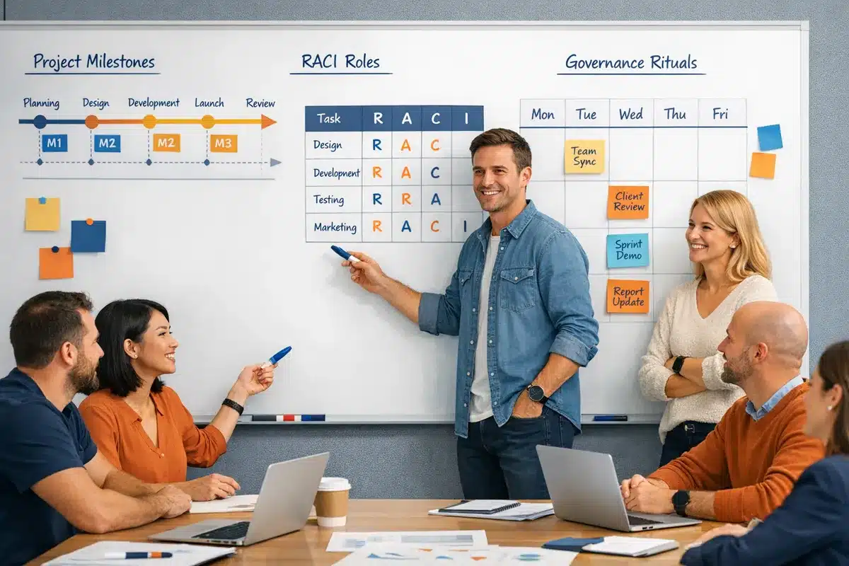 From Idea to Impact: Keeping Project Momentum Moving When Development Begins Cross-functional handoff workshop with designers, developers, and marketing leads around a whiteboard showing milestone timeline, RACI roles, and governance rituals calendar, collaborative tone